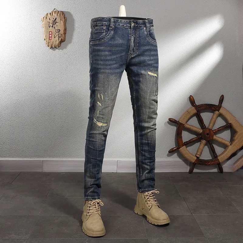 Dark Blue Vintage Make Old Ripped Patch Jeans Men 2024 New Street Locomotive Fashion Mens Clothing Stretch Slim Fit Pants X250812