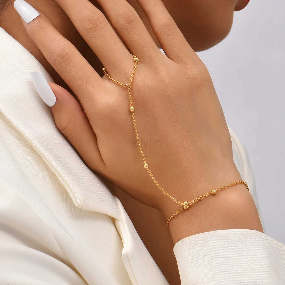 Creative Tiny Chain Bracelet Finger Rings For Women Gold Color Link Chains Connecting Hand Harness Bracelets Jewelry Gift M250812