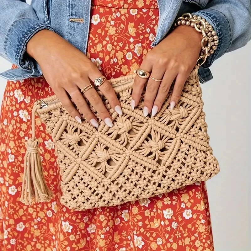 fashion rope woven bag for women casual hollow out tassel clutch purses handmade summer beach bags high-quality