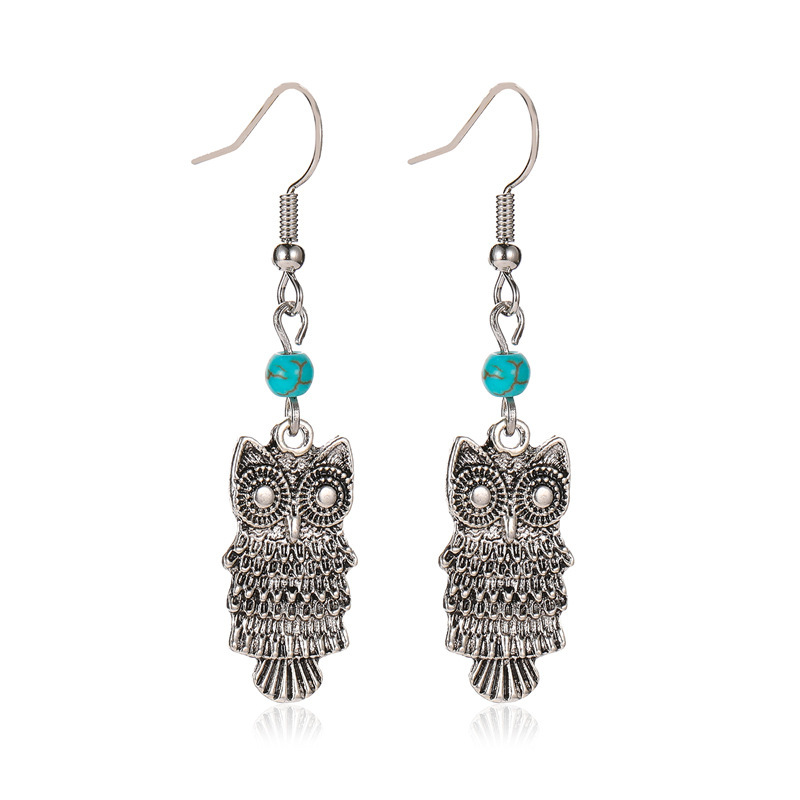 Ethnic Style Owl With Turquoise Inlay, Long Alloy Animal Earrings For Women