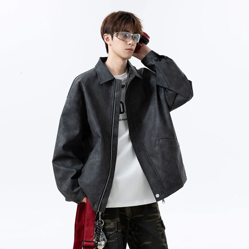 FEWQ High Street Mens PU Leather Jackets Solid Color Turn-down Collar Casual Pocket Fashion Loose Trendy Male Coats 24K5478 250811