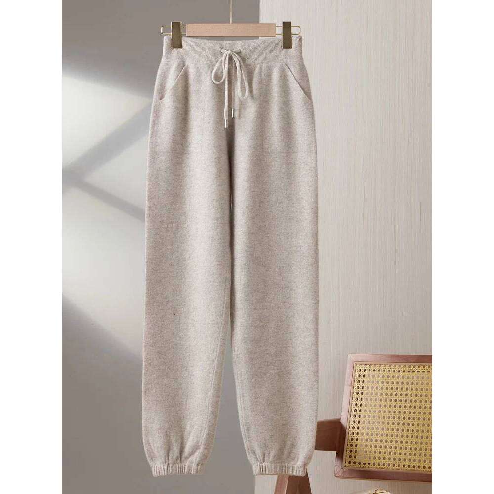Women Pure Wool Leg Tied Autumn Winter New High-End Pencil Pants Versatile Casual Thick Warm Cashmere Knitted Trousers 20250811