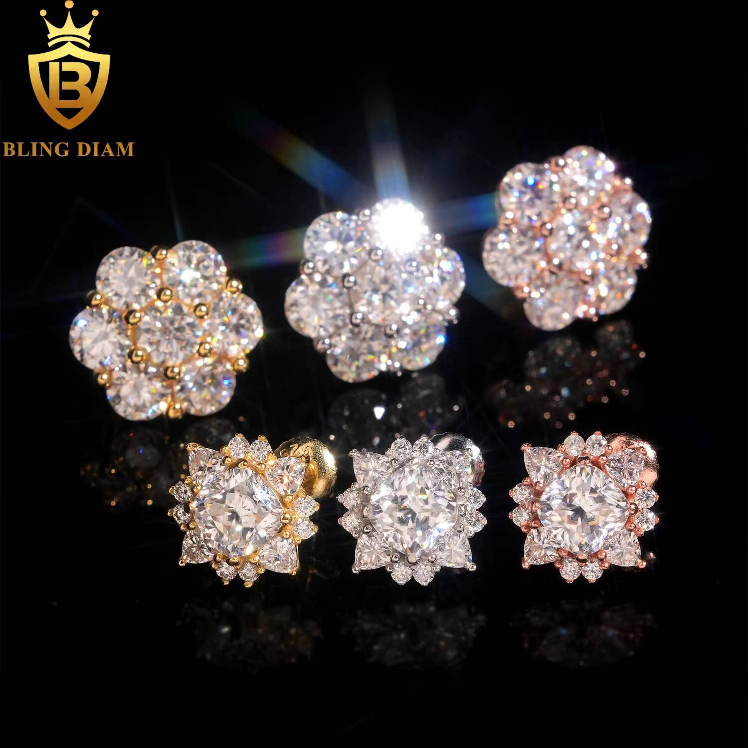 Pass Diamond Tester Fine Jewelry Luxury Cluster Flower Hip Hop 925 Sterling Silver Moissanite Stud Earrings