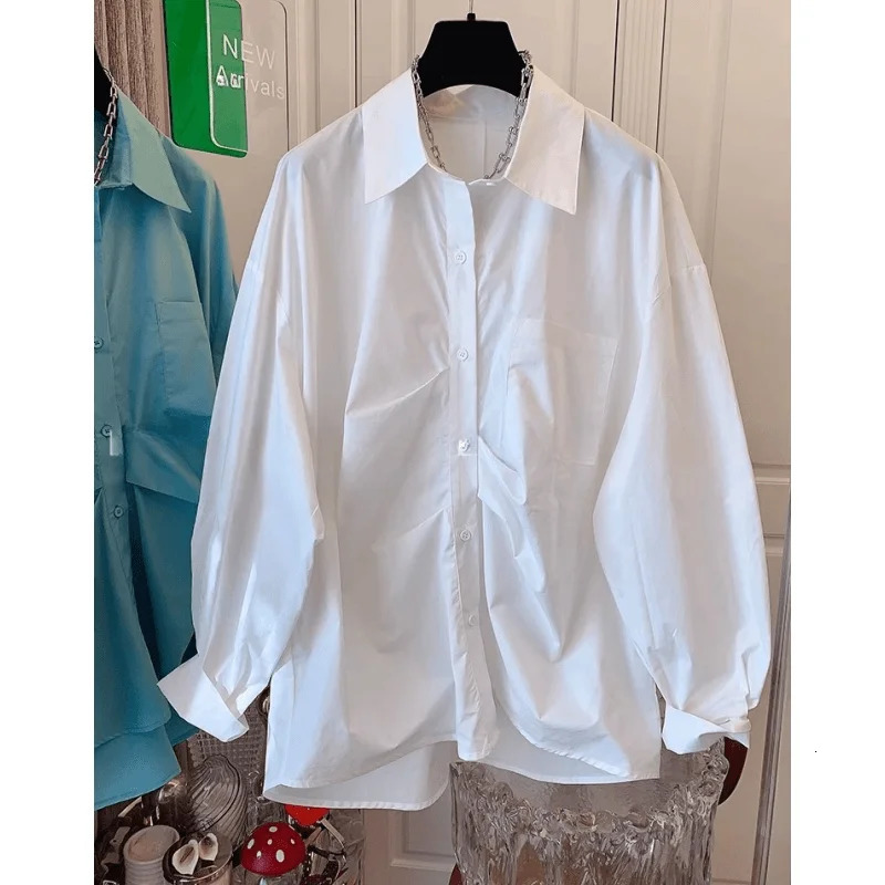 Simplicity Pleated Irregular Patchwork Long Sleeve Blouse Female Casual Autumn Buttons Solid Color Turn-down Collar Women Shirts 250811