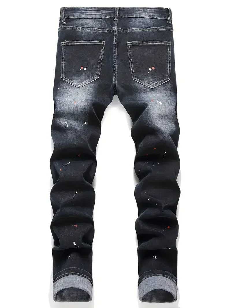 Men Y2K Stretchy Denim Jeans Ripped Skinny Letter Print Elastic Waist Casual Pants for Men Hole Slim Fit Denim Hip Hop Trousers X250812