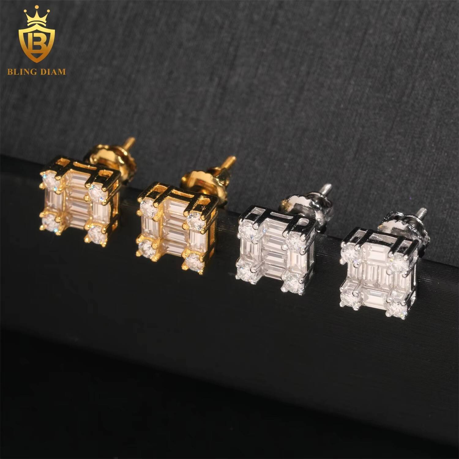 Wholesale Price 925 Sterling Silver Iced Out Luxury Custom VVS Moissanite baguette Stud Earrings