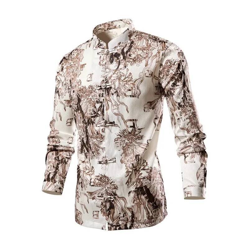 New Chinese Style Print Casual Shirts Men's Long Sleeve Stand Collar Vintage Flower Shirt Male Beach Fashion Blouse Plus Size ddmymarket