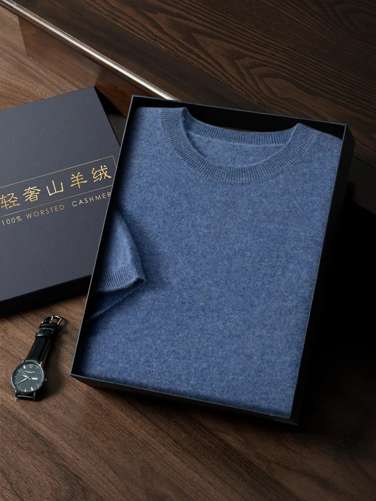 Mens O-Neck Cashmere Sweater 100% Cashmere Half Sleeve Basic Pullover Soft Comfy Bottom Knitwear Solid High Quality Tops 250806