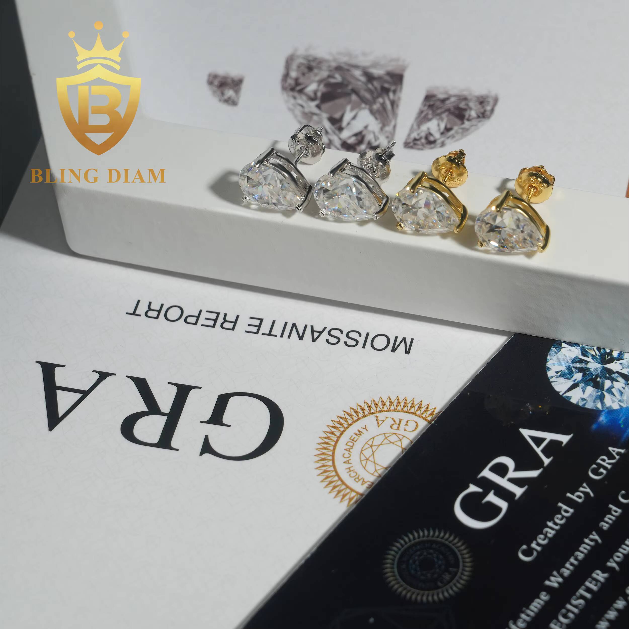 GRA Certificate 2ct Pear Cut Moissanite Diamond Earrings 925 Sterling Silver Hip Hop Stud Earrings Screw Back