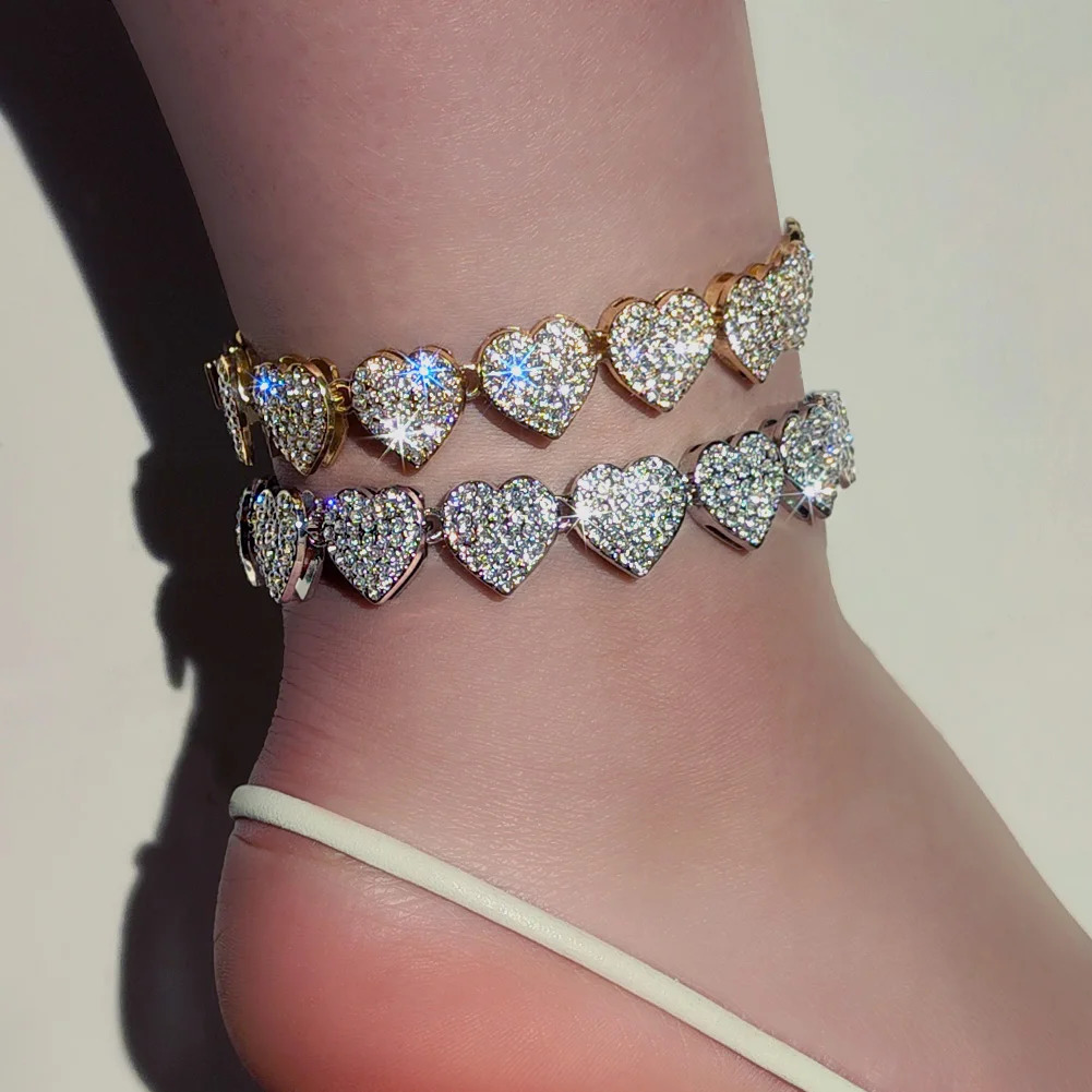 Fashion Shiny Full Rhinestone Heart Anklets Bracelet For Women Iced Out Crystal Cuban Link Chain Anklet Summer Barefoot Jewelry 250812