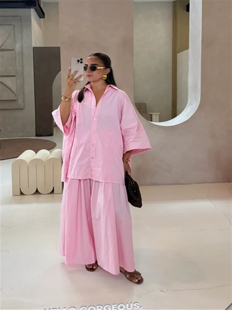 2 Pieces Womens Pant Set cotton Single Breasted Half Sleeve Shirts High Waist Wide Leg Pants Lady Summer Vacastion Outfits 250811