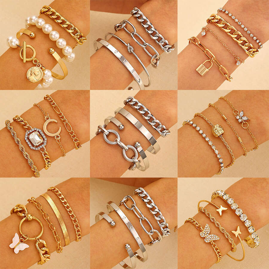 Alloy Dia-Encrusted of Four Punk Stacking Hip-Hop Bracelet Set for Women