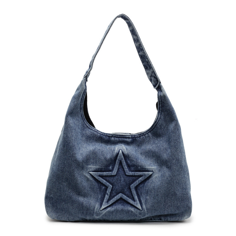 2025 autumn new women's shoulder bag simple large capacity handbag niche design denim embossed star shaped women's crossbody bag women'