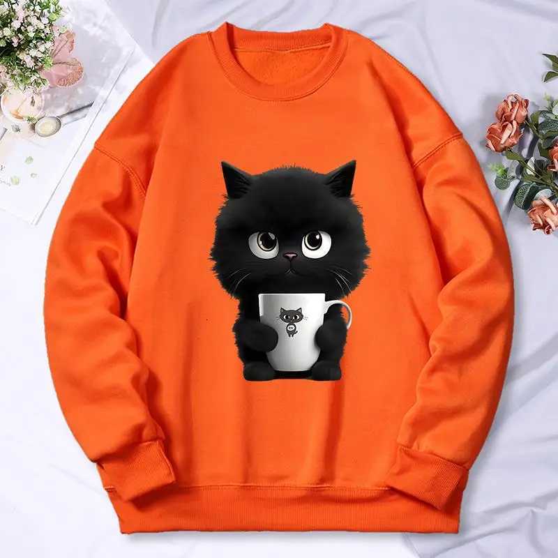 A Kitten Holding Cup Print WomenS Hoody Fashion Comfortable Sweatshirt Casual Fleece Hooded Autumn Versatile Tracksuit Female Y250811