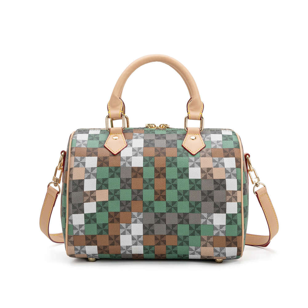 Lacel Urwebin Women's Vintage Checkered Plaid Boston Bag, Green Brown White Gray Pattern, Top Handle & Adjustable Crossbody Strap, PU Leather Mat