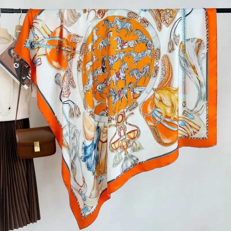 High-end Elegant Womens Beautiful Horse Formation Printed Quty 140CM Twill Silk Hand-rolled Edge Large Square Scarf Blanket Shawl-1 G250818