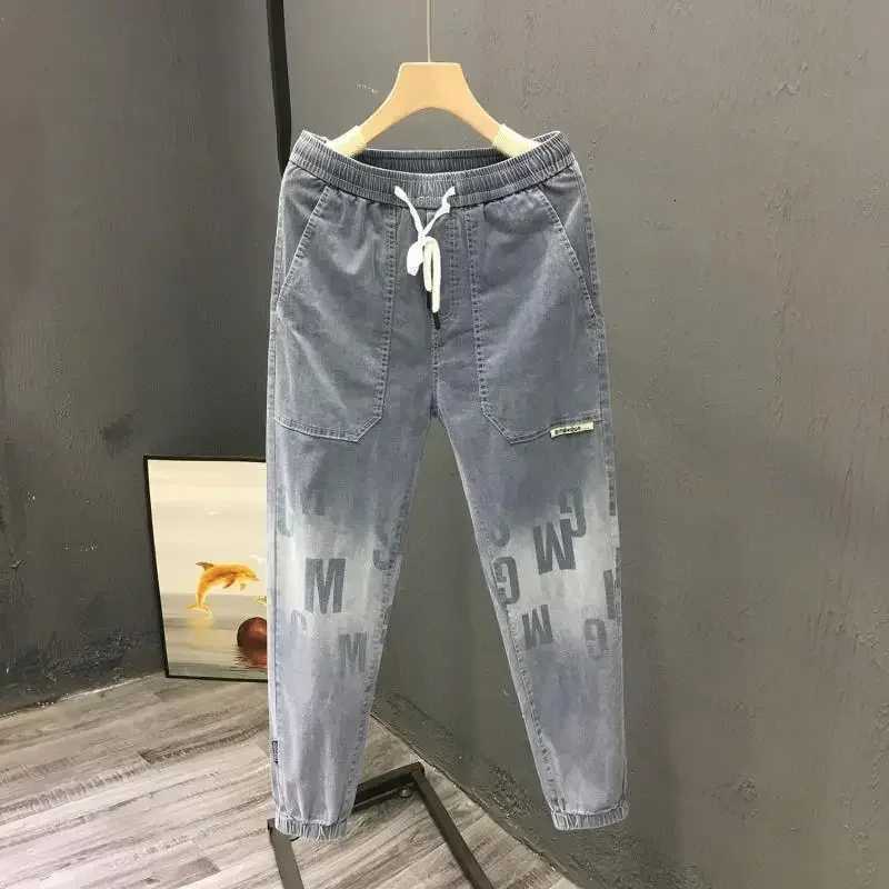 70s Plus Size with Print Male Cowboy Pants Cropped Jeans for Men Light Blue Summer Korean Fashion Kpop Denim Cotton Washed X250812