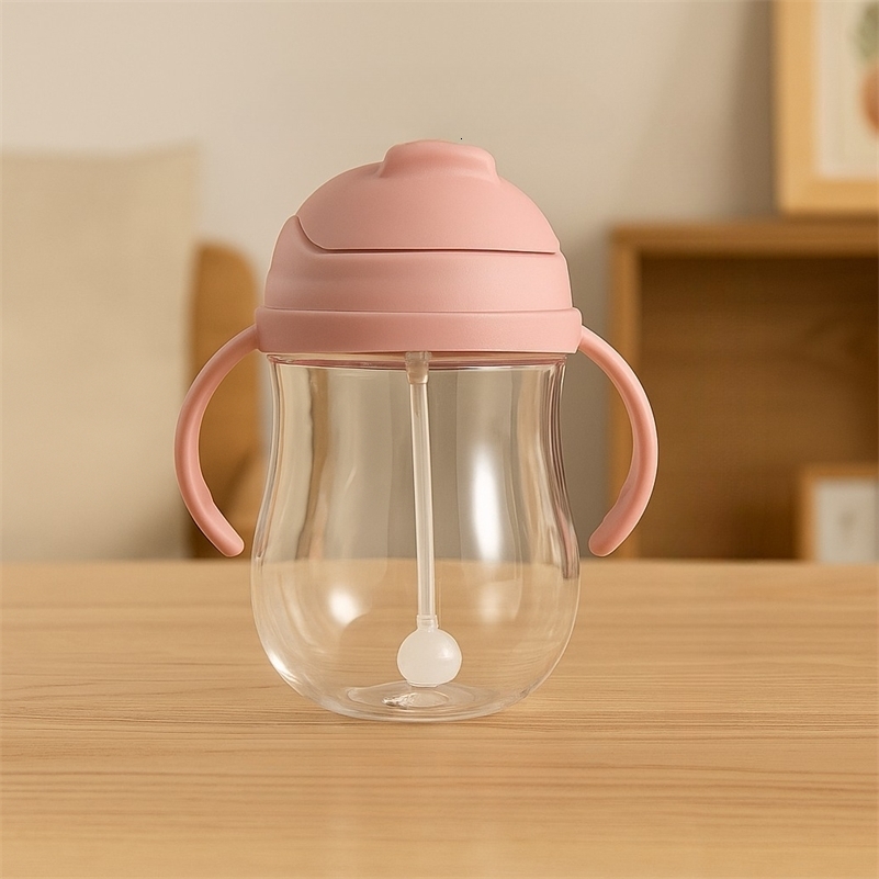 300ML Childrens Drinking Water Bottle with Straw Baby Portable Bottle with Handle Outdoor Training Cup Mother Baby Products 250811