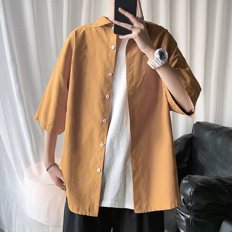2025 Summer Half-Sleeved Solid Color Fashion Office Shirts Male Casual Loose Button Pocket Shirt Men Clothing ddmymarket