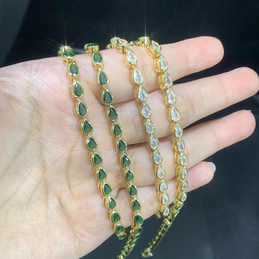 White Green Tear Drop Cubic Zirconia Bezel Set Tennis Chain Gold Color Fashion Women Choker Necklace 250807