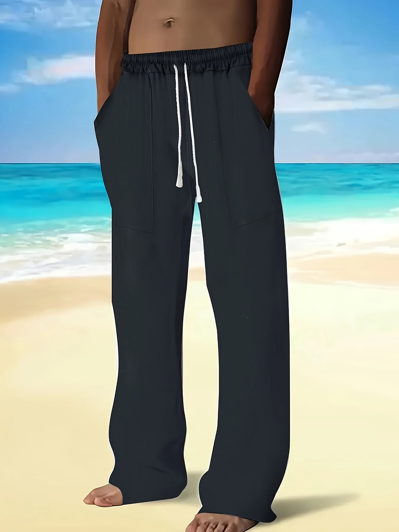 spring and autumn mens Chinesestyle solidcolor cotton linen trousers with multiple pockets drawstring ns 250729