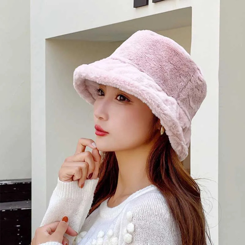 Korean Lamb Faux Fur Bucket Hat Lady Winter Warm Soft Panama Hat Outdoor Fisherman Cap For Women Solid Color Beanie Bonnet 250808