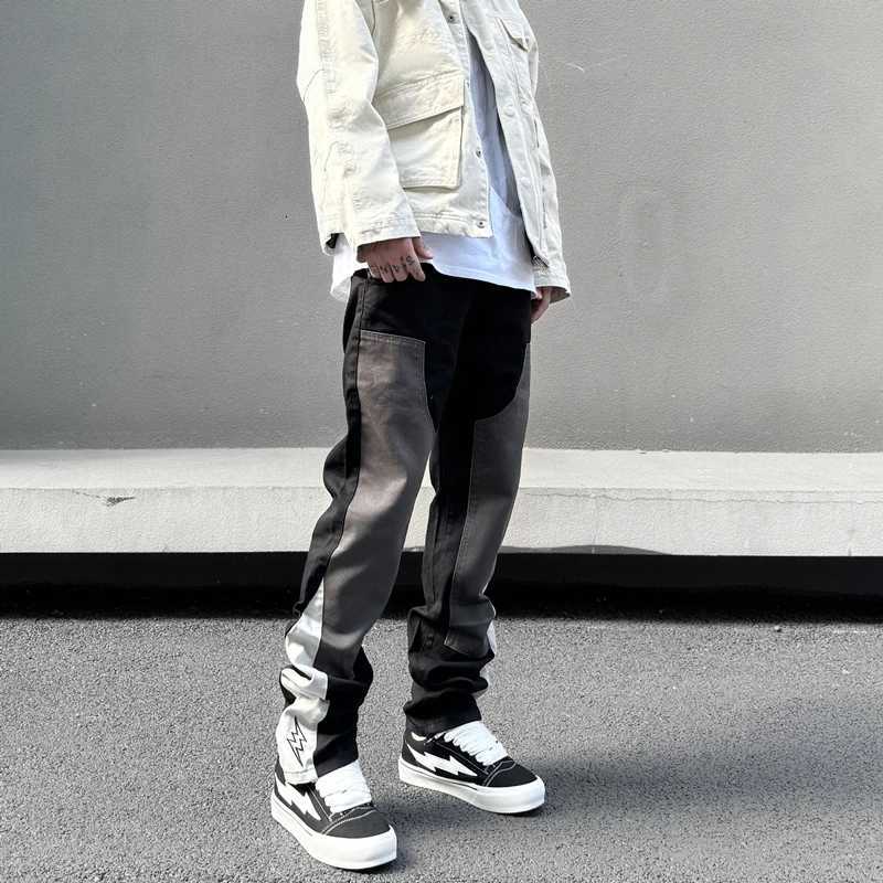 American Fashion Embroidery Black Gray Color Block Jeans Casual Black Pants Jeans Streetwear Y2k Mens Stacked Denim Logging Pants X250812