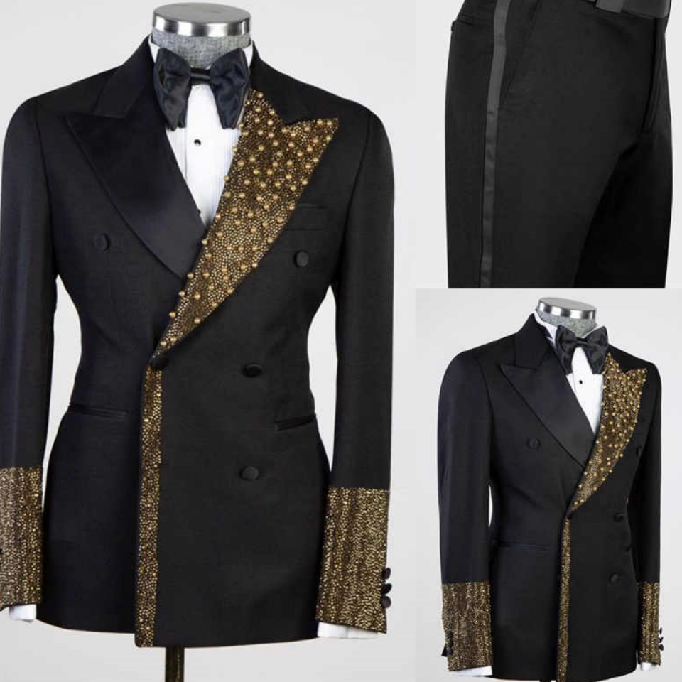 Luxury Men Suits Pearls Blazer Peaked Lapel 2 Pieces Set Beads Party Double Breasted Groom Tuxedo Coat Customized Jackets+Pants