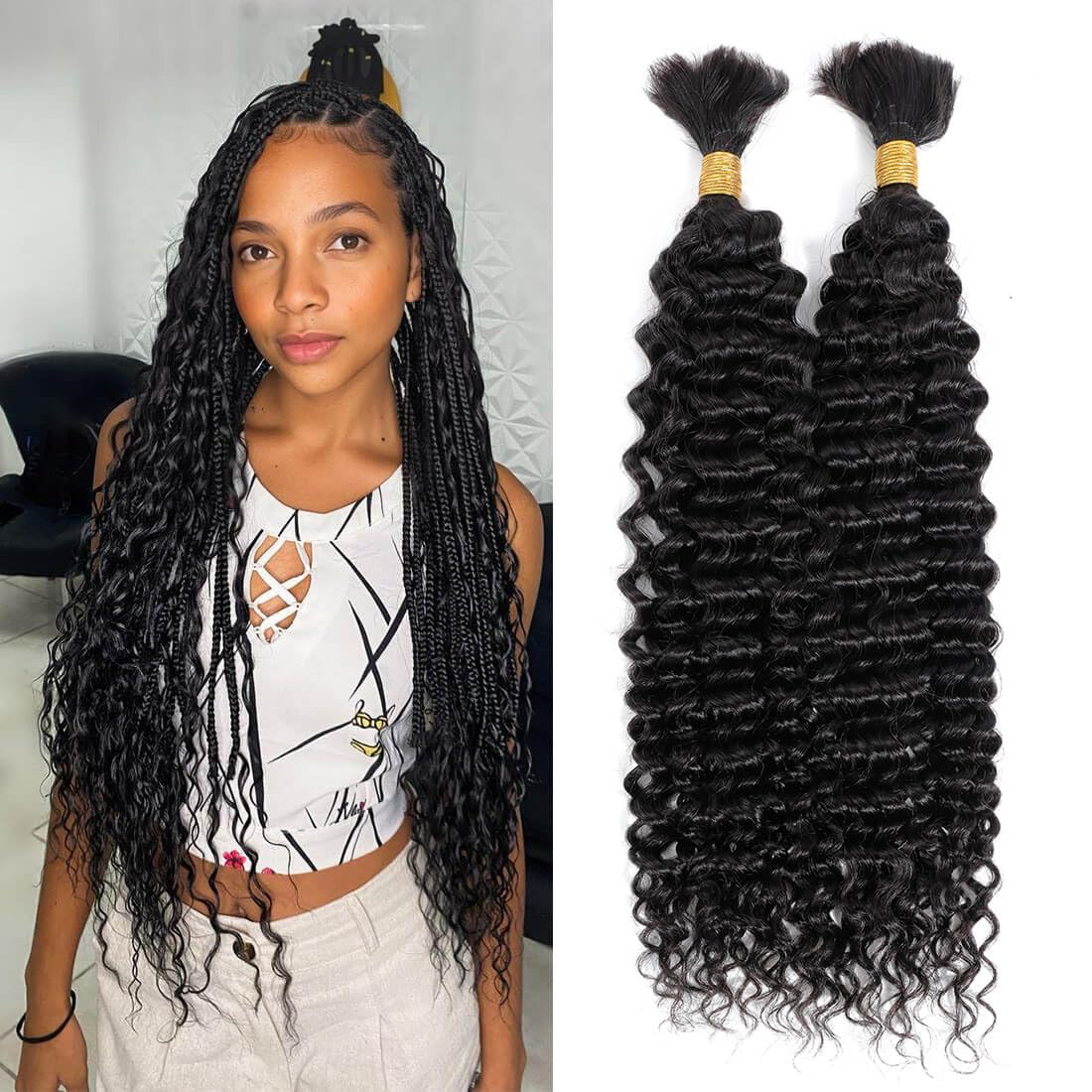 Human Braiding Hair Deep Wave Bulk Curly Human Hair for Braiding, Boho Box Braids/Locs/Twist Goddess Gypsy 100% Unprocessed Virgin Human Hair 18 Inch