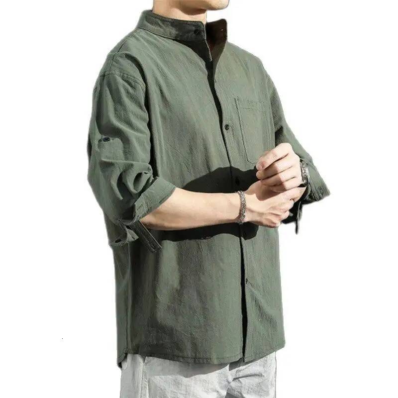 Solid Colors Long Shirts Chinese Style Wear Stand Collar Loose 100% Cotton White Black Short Sleeve Shirt M-5Xl ddmymarket