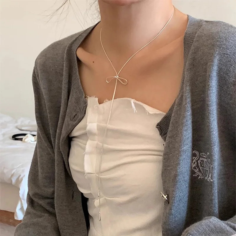 Foxanry Bowknot Geometric Long Tassel Necklaces For Women Girls Trendy Sweet Elegant Cute Sweater Chain Anniversary Jewelry Gift 250807