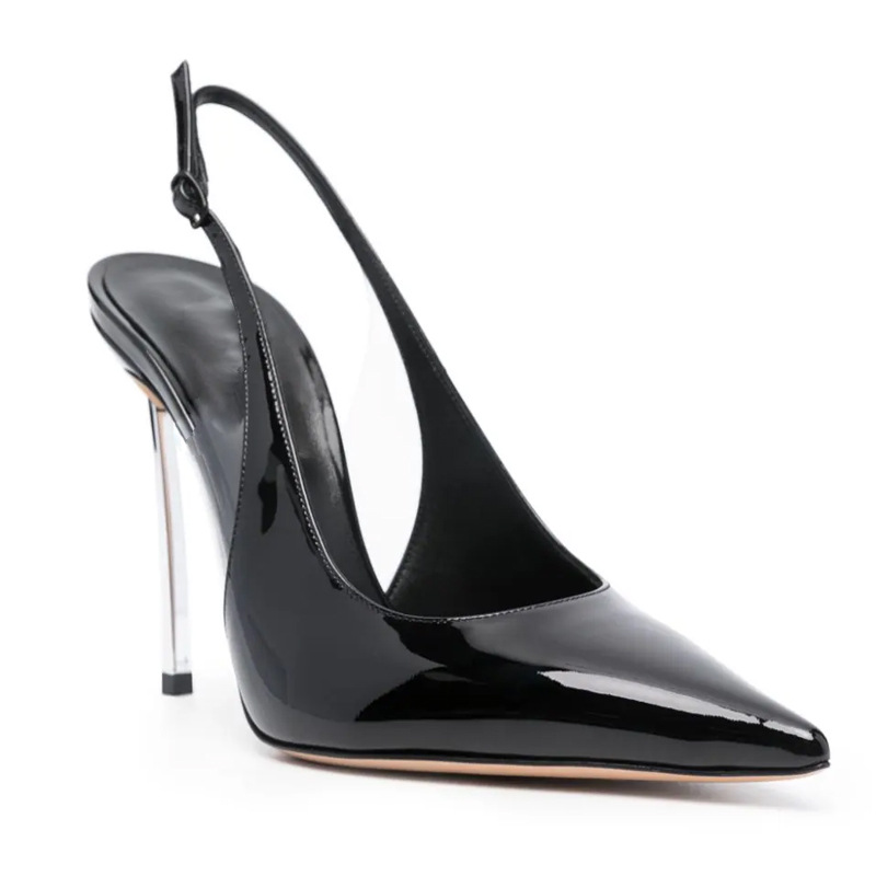 Patent Leather Stiletto Sandals - Pointed Toe Ankle Strap Heels 10Cm Steel Core Classic Black