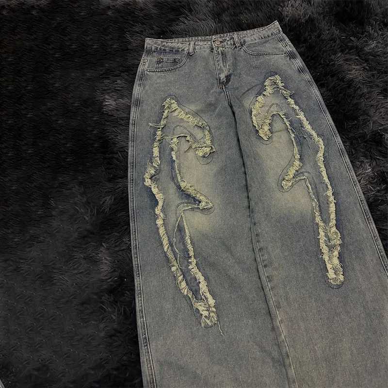 2K Vintage Washed Jeans Distressed Ripped Versatile High Waisted Straight Leg Jeans Trend Men Women Fashion Casual Streetwear X250812