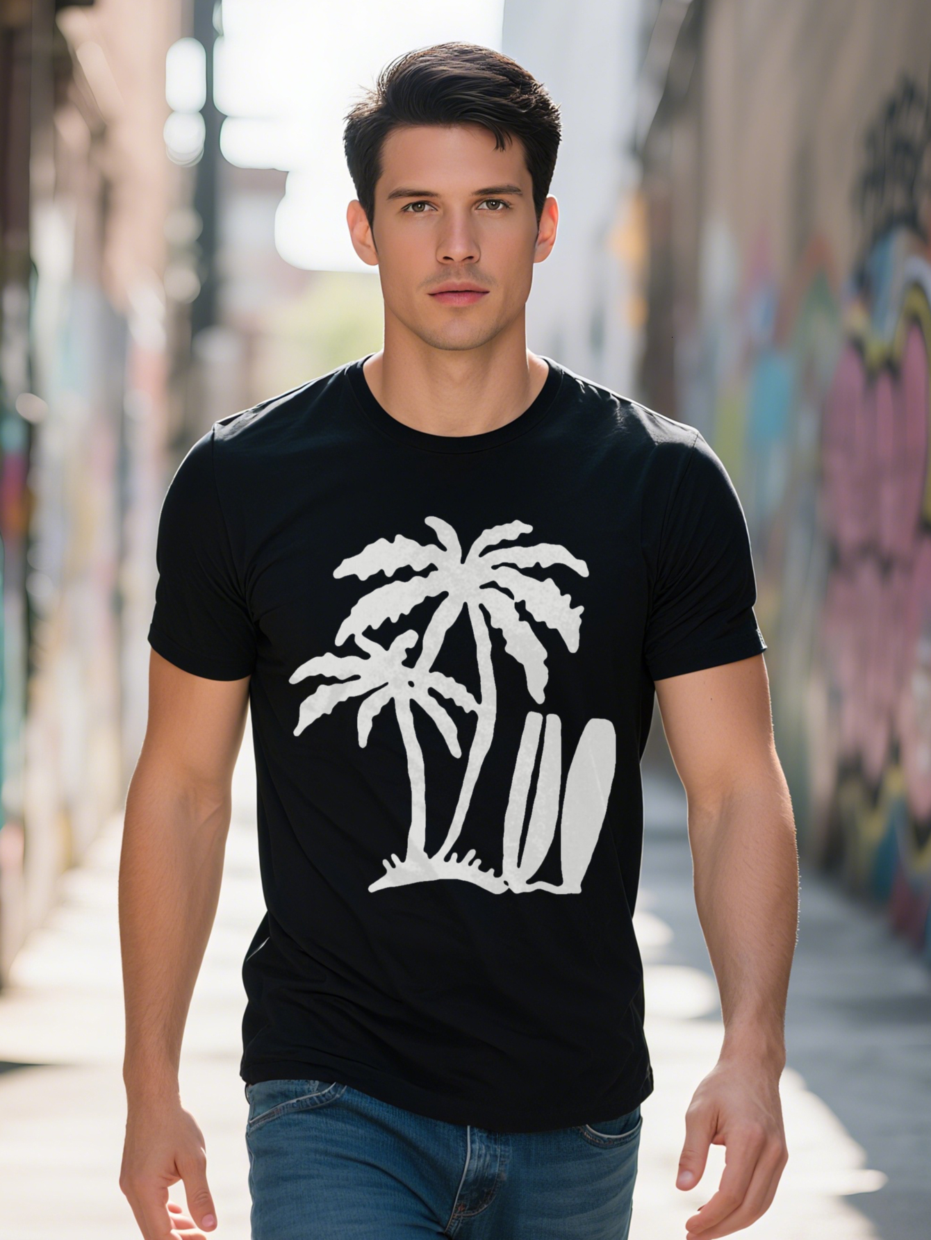 Men s Casual Crew Neck T Shirt with Palm Tree Surfboard Graphic Print Black Soft Fabric Short Sleeve Summer