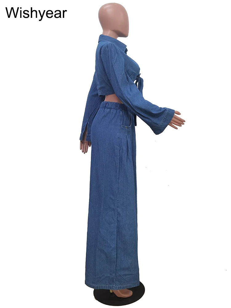 Fashion Denim 2 Pieces Pants Women Set Long Sleeve Crop Jacket and Wide Leg Jeans Suit Elegant Loose Streetwear Blue Outfit 250808