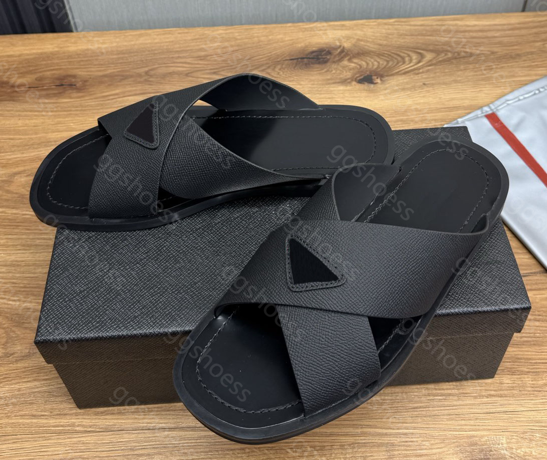 Saffiano Sandals Designer shoes Men Crocodile Leather Slides Crisscross Slippers Beach Flip Flops Rubber Soles crisscross slides
