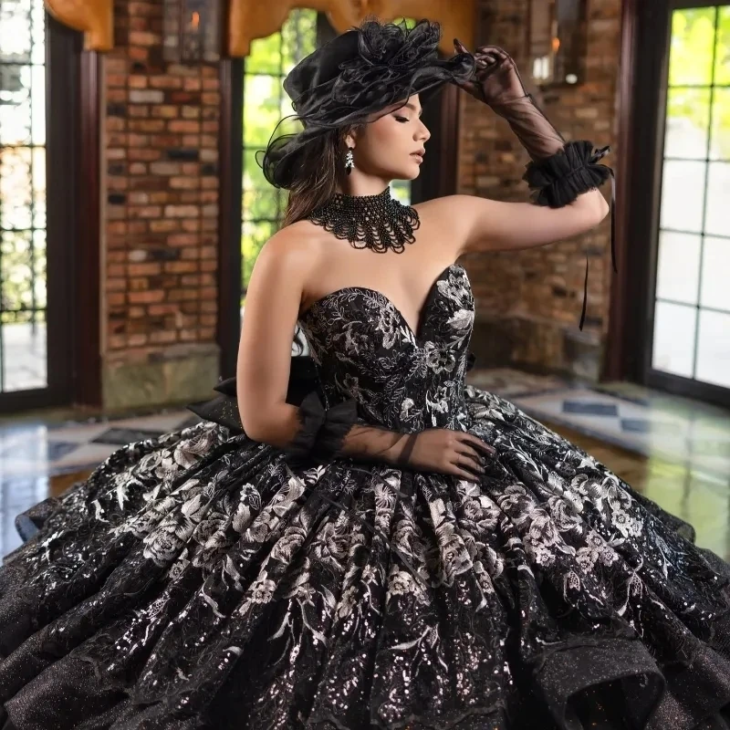 Black Shiny Quinceanera Dresses Off The Shoulder Lace Applique Bow Tull Ball Gown Birthday Party Sweet 16 Dress Vestidos 15 Anos