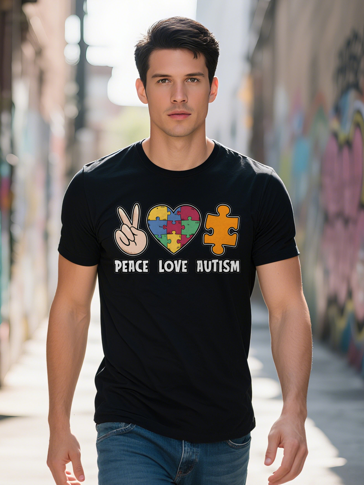Men S Casual Crew Neck T-Shirt with Thumbs Up Heart Autism Puzzle Print Colorful Peace Love Design Perfect Gift for
