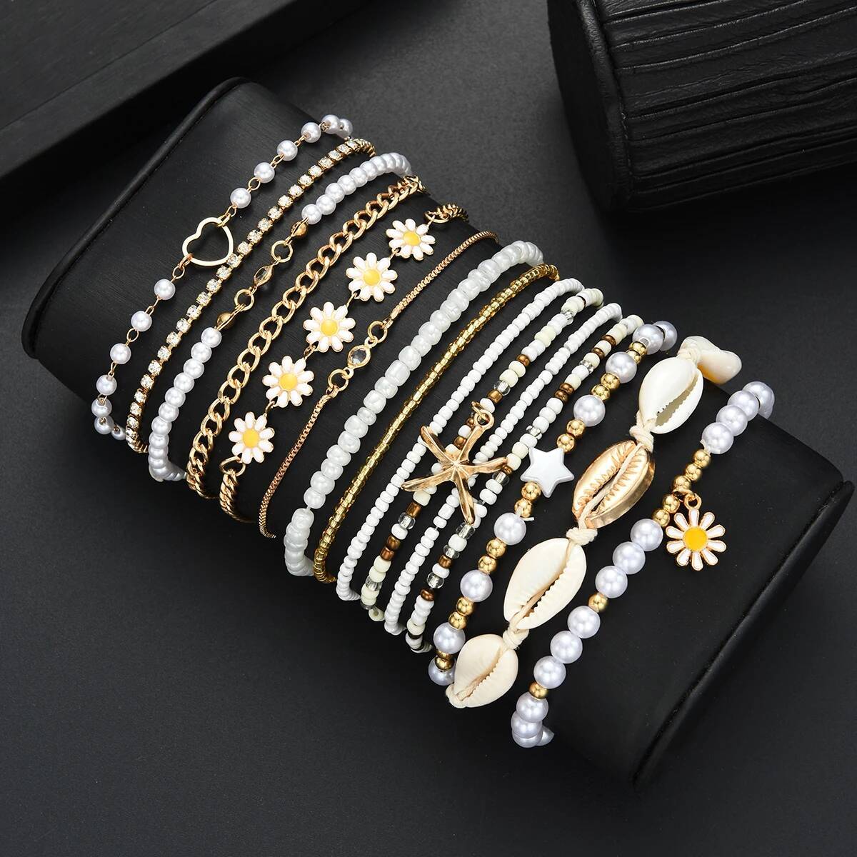15PCS Bohemian Starfish Shell Rice Beaded For Women Summer Gold White Color Daisy Pearl Bracelets Sets Beach Jewelry