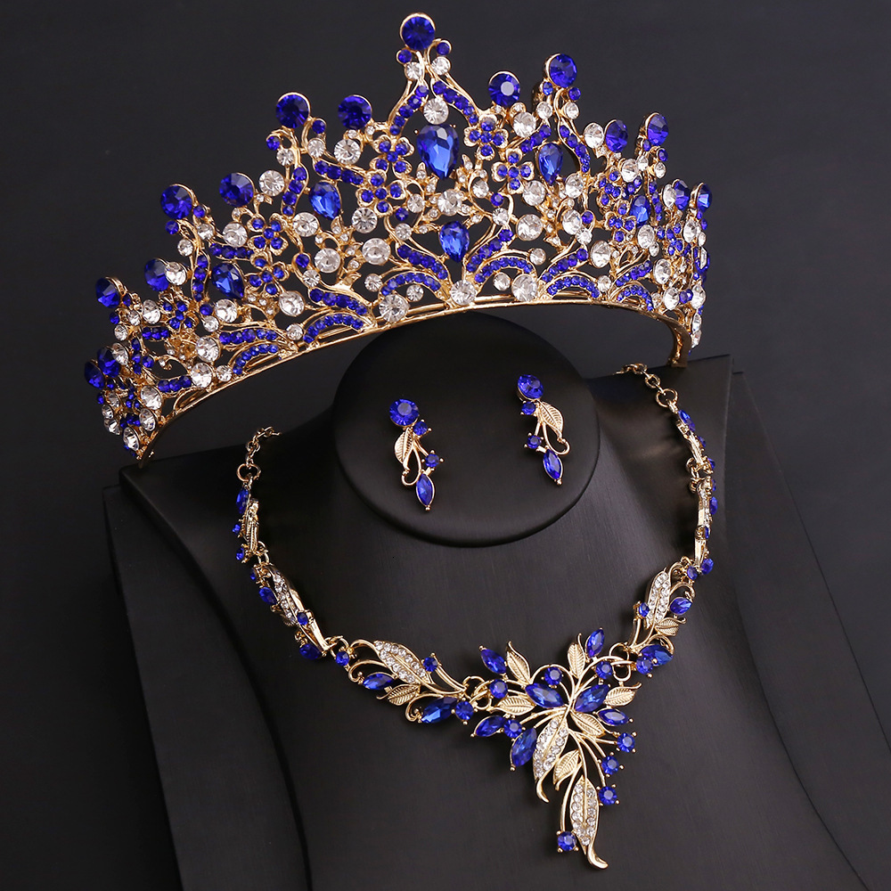 Silver Color Opal Blue Wedding Crown Jewelry sets for Women Tiaras and Earrings necklace set Princess Girls Prom Gifts Accessory 250120