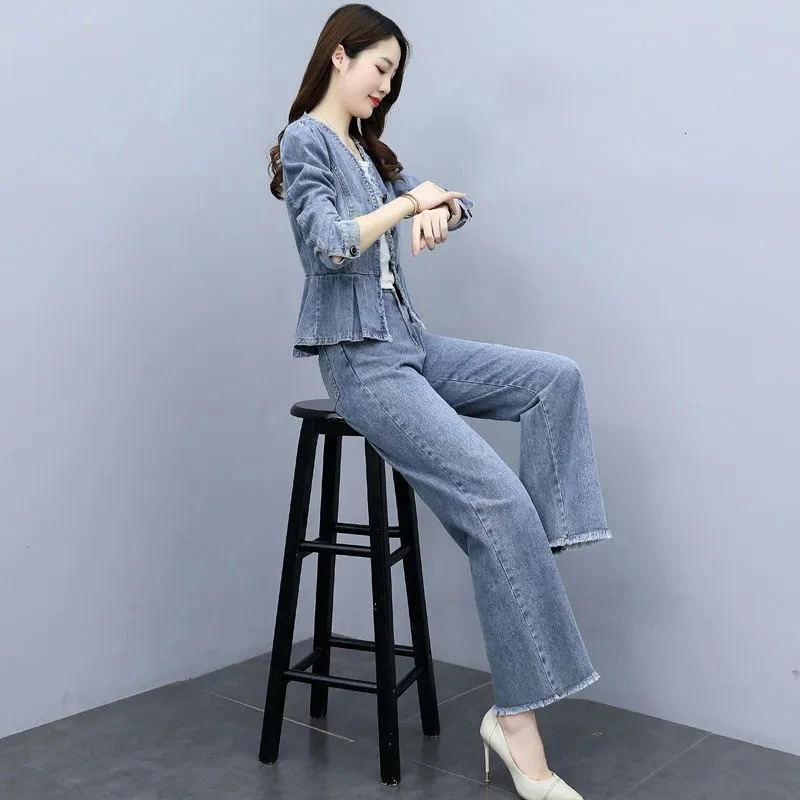 Retro V-Neck Denim Jacket Wide-Leg Pants Suit Womens Spring Autumn Long-Sleeved Jacket Two-Piece Suit Female Sets Jeans 250808