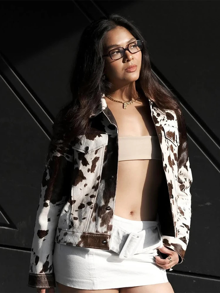 Cow Printed Flax Jacket Women Short Length Button Front Collared Neckline Coat 2025 Autumn Street Fashion Lady Outerwear 250811