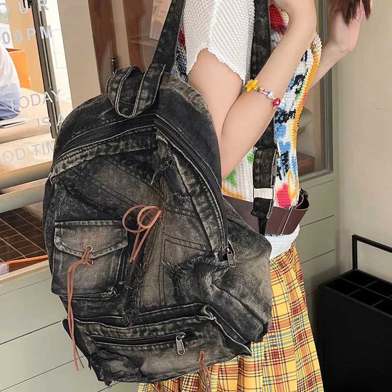 Washed Denim Womens backpack Large Capacity y2k Hot Fashion Designer big Travel Bag Daypack bagpack casual commuter bag Y250811
