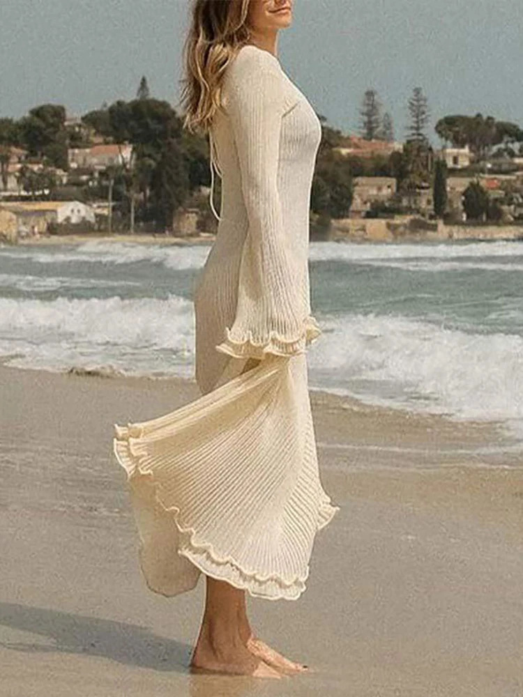 JULISSA MO Knitted Round Neck Ruffles Women Maxi Dress Long Sleeve High Waist Dress Female Autumn Skinny Elegant Party Clubwear 250805