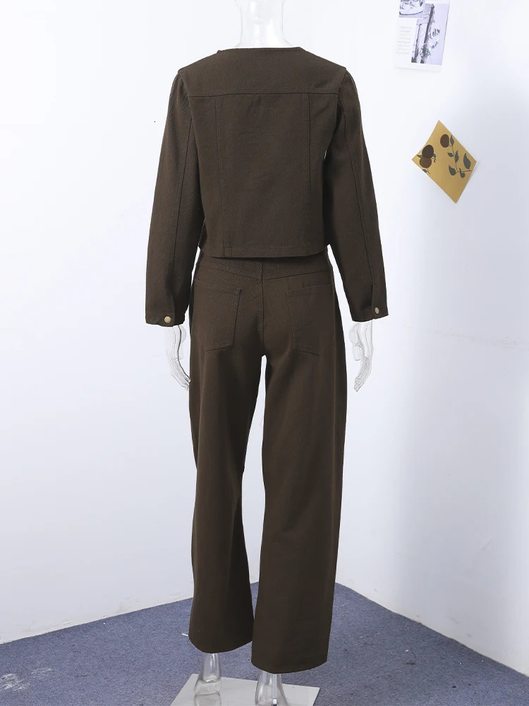 Vintage Solid Denim Jacket Pants Sets Women O-neck Single Breasted Long Sleeve Coat Wide Leg Trousers 2025 Jeans Outfits Street 250808