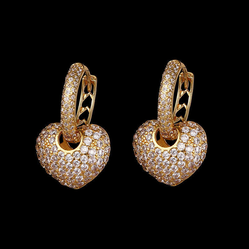 Gold-Plated Copper Zircon Earrings Sweet Full Dia Heart Ear Clips for Women Korean Style Accessories Jewelry