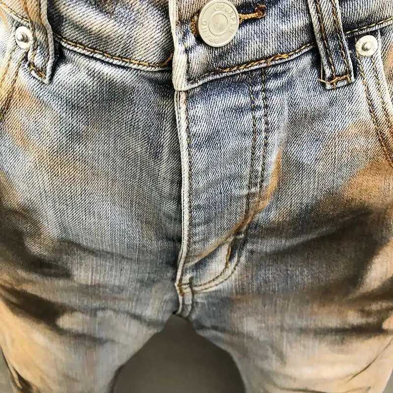 High Street Blue Mens Jeans Trendy Paint Inkjet Small Feet Elastic Jeans Hip Hop Stretch Trousers Jeans for Men Motorcycle Pants X250812