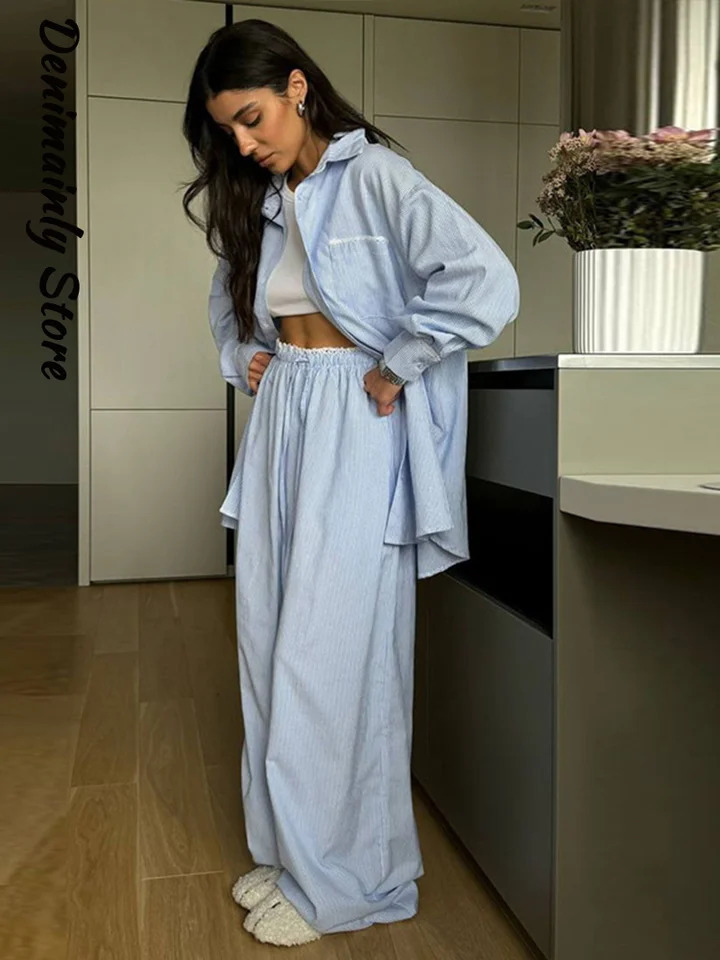 Casual Striped Lace Patchwork Pants Set Women Shoulder Down Long Sleeve Shirt Tie Up Trousers 2025 Summer Chic Lady 2 Piece Set 250811