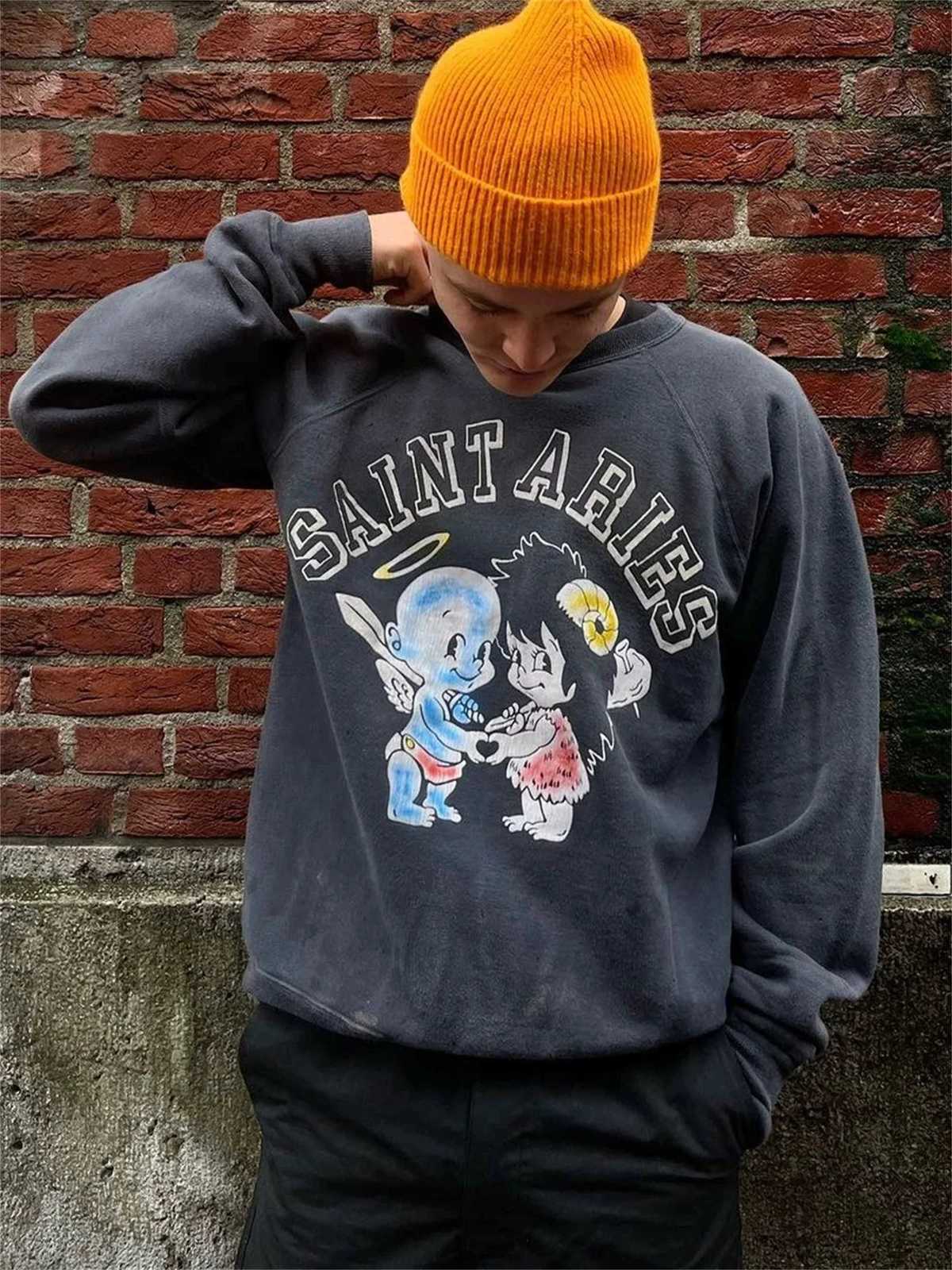 SAINT OF MICHAEL Angel Vintage Distressed Loose Round-NeCK Sweater High-Street Cotton Casual Loose Sweatshirt For Men Y250811