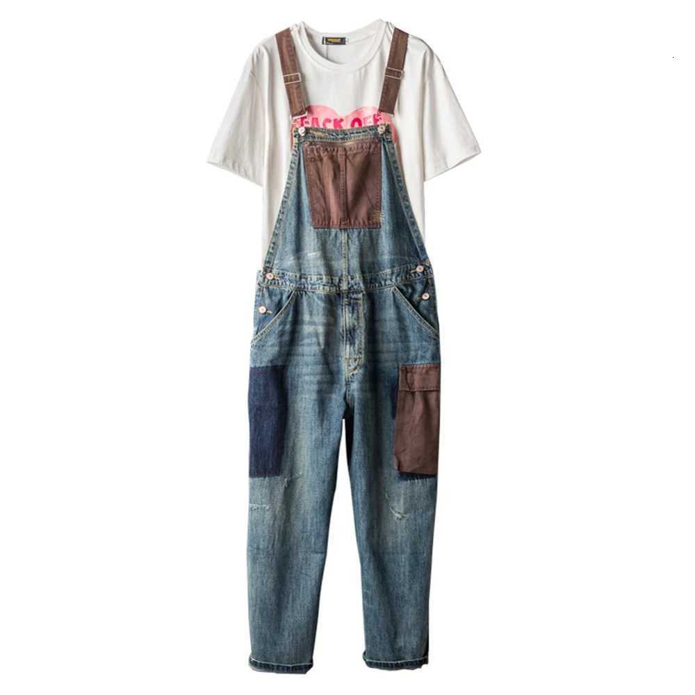 Mens Vintage Contrast Color Denim Bib Overalls Casual Patchwork Patch Design Jeans Big Pocket Jumpsuits Pants X250812